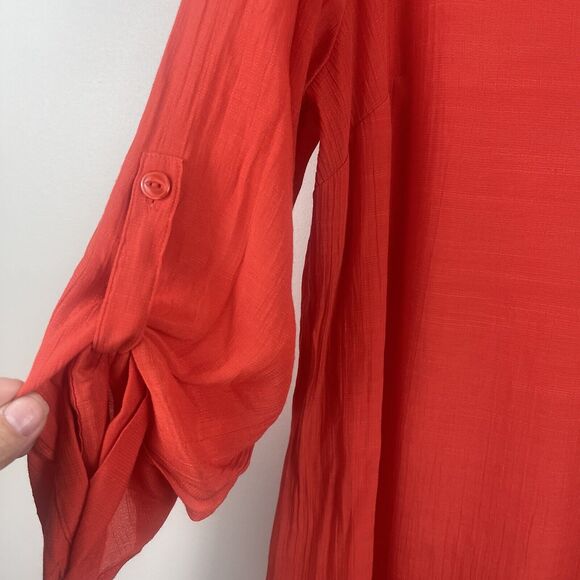 Catherine's Top Sz 0X Red Orange Pleated Button Front Blouse Sheer Flowy Boho - Picture 3 of 8